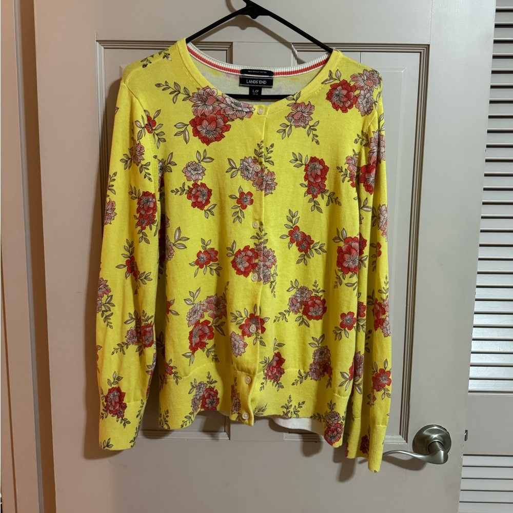 Lands End Cardigan Sweater Women Size L/P Yellow Floral Long Button Up Casual